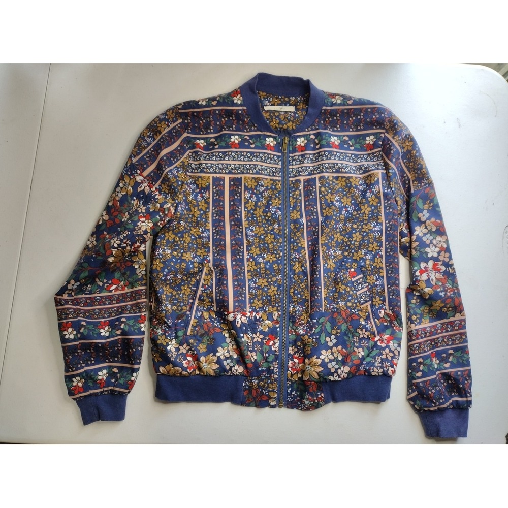 Elodie Womens Blue Floral Patchwork Striped Bomber Jacket Small